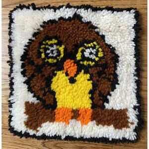 Vintage Owl Latch Hook Wall Hanging Completed 11.5”x 12" Yarn Art Retro Mod